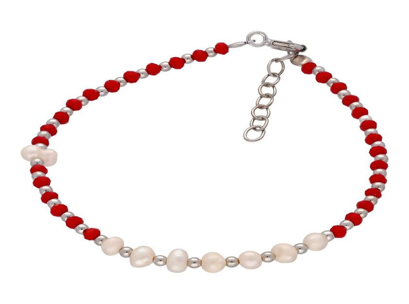 Stříbrný náramek s perličkami červený 17+3cm